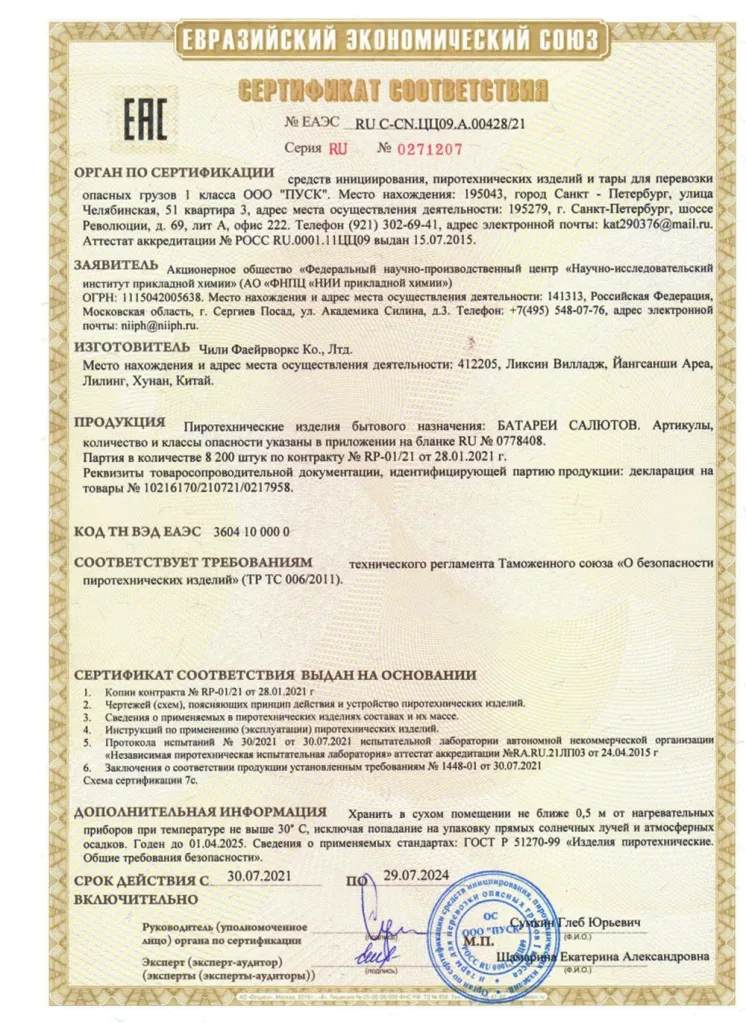 Сертификат на пиротехнику — Будённовск	